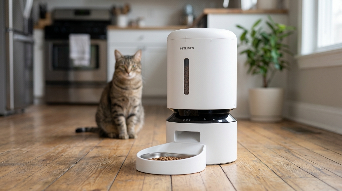 an automatic cat feeder with a built-in camera on a kitchen floor — original hero illustration