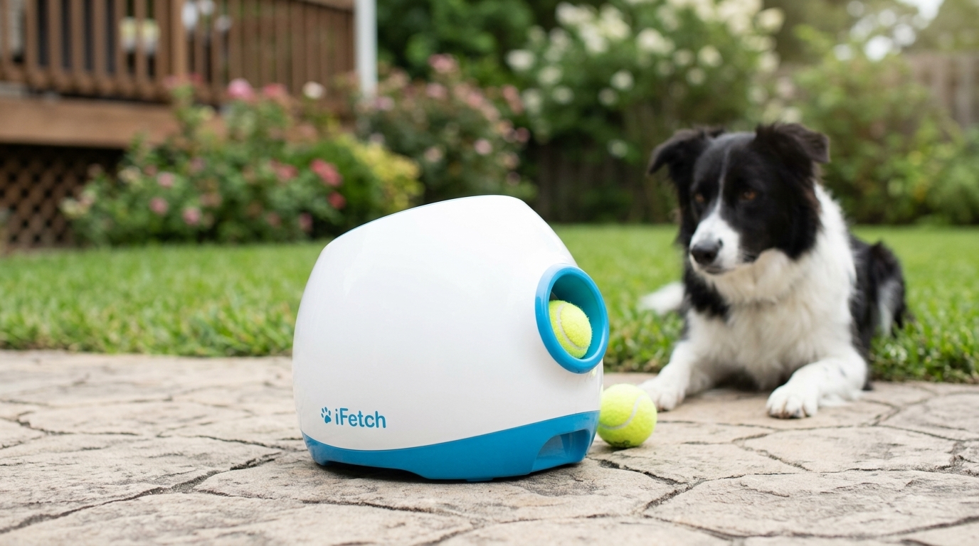 automatic tennis ball launcher for dogs — original hero illustration