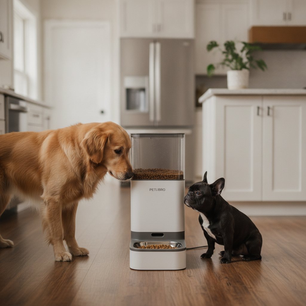 PETLIBRO Granary automatic dog feeder on a kitchen floor with two dogs — original hero illustration