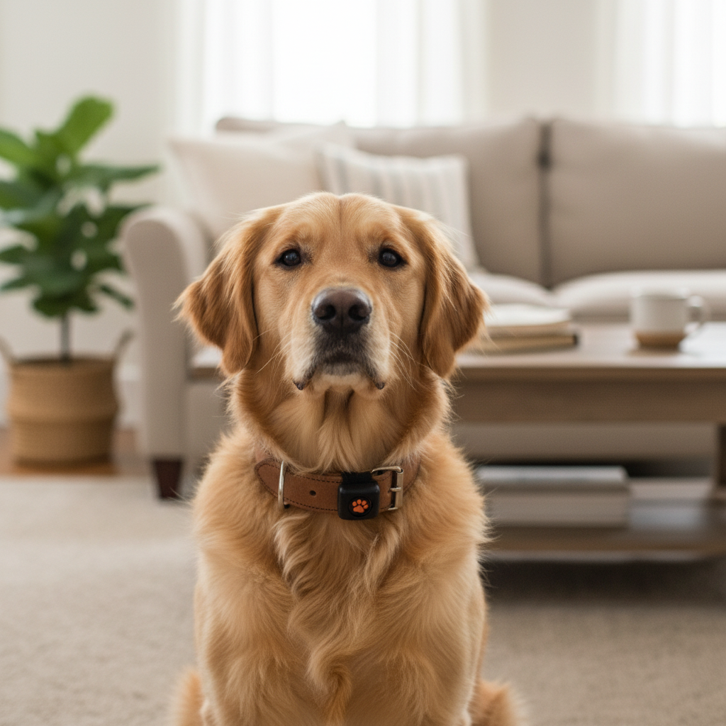 A dog wearing a smart activity-tracker collar — original hero illustration