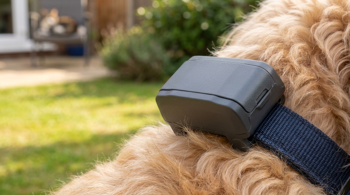 a GPS tracker device clipped on a dog's collar, close-up, outdoor walk — original hero illustration