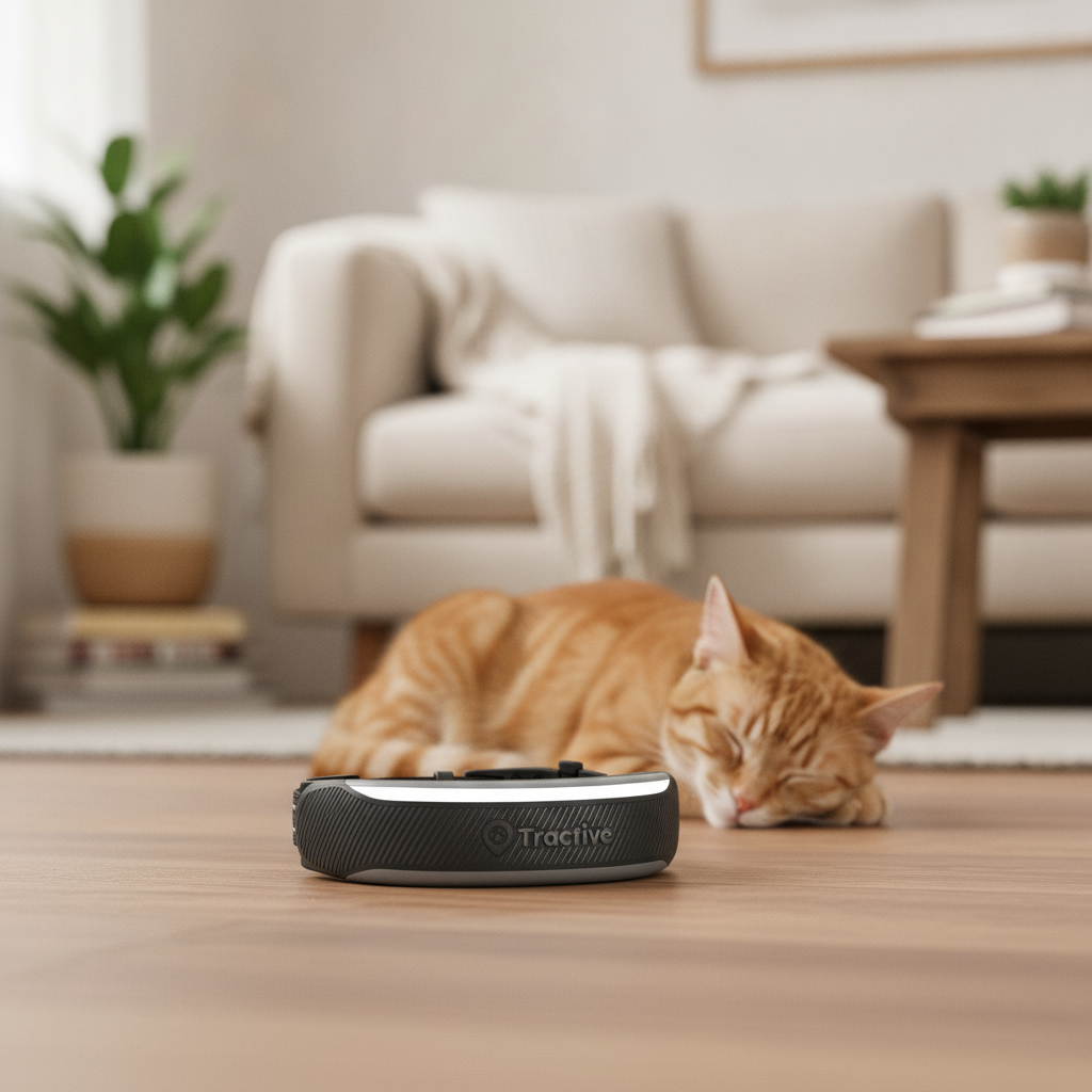 Lightweight GPS tracker on a cat's breakaway collar, smart pet tech — original hero illustration