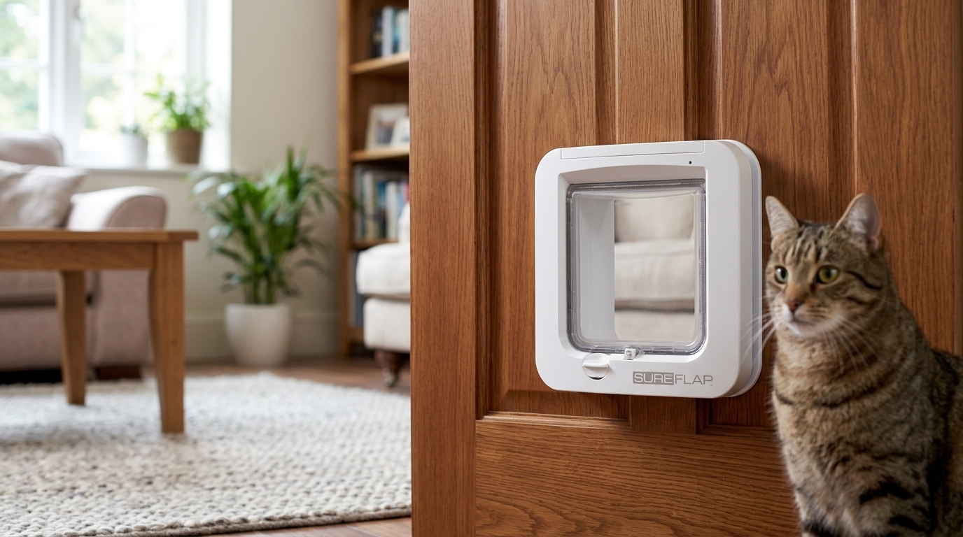 SureFlap microchip cat flap selective-entry pet door mounted in a door — original hero illustration