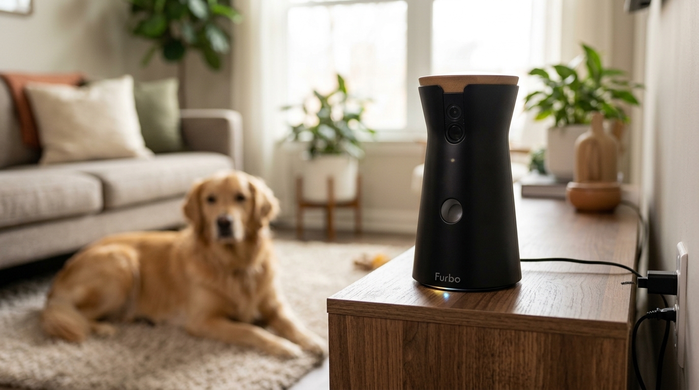 pet camera in a living room watching a dog — original hero illustration