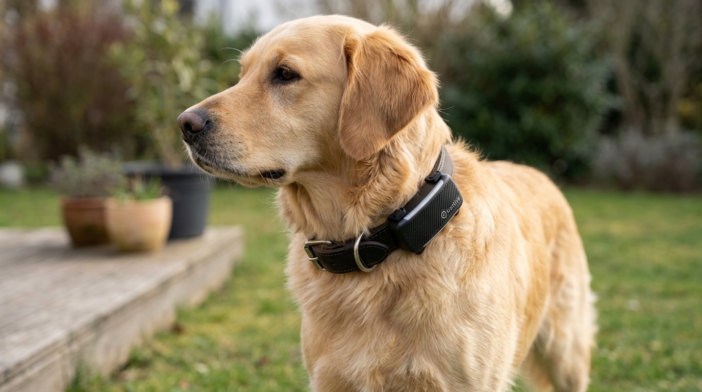 Tractive DOG 6 GPS pet tracker on a dog collar — original hero illustration