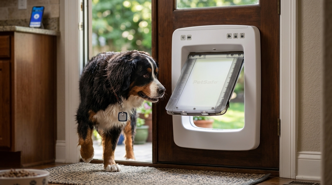 Large dog stepping through a smart electronic dog door installed in a home door