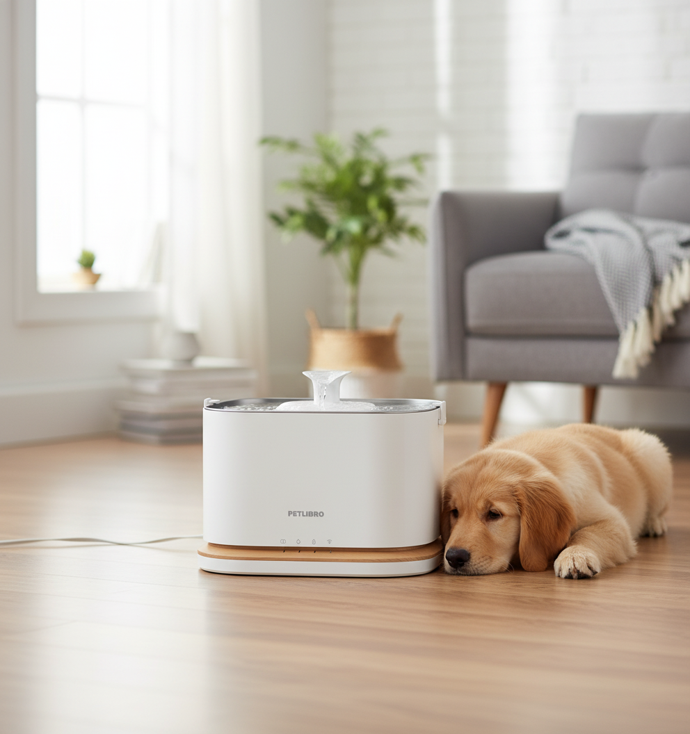 Smart pet water fountain for cats and dogs — original hero illustration