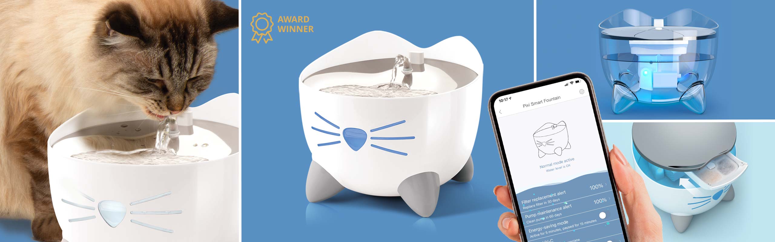 Catit PIXI Smart stainless steel cat water fountain with UV-C and Wi-Fi app, official product photo