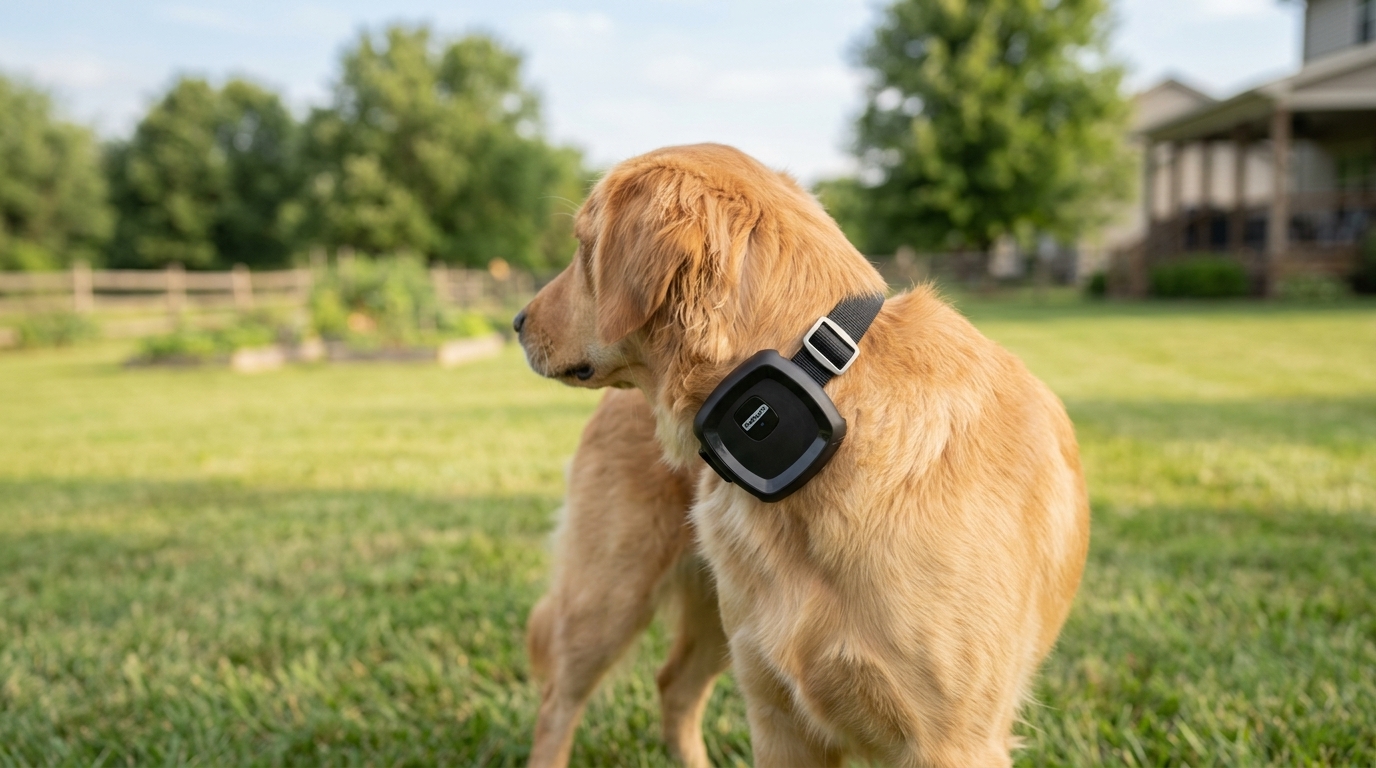 PetSafe Guardian GPS wireless dog fence collar on a dog in a large open yard — original hero illustration