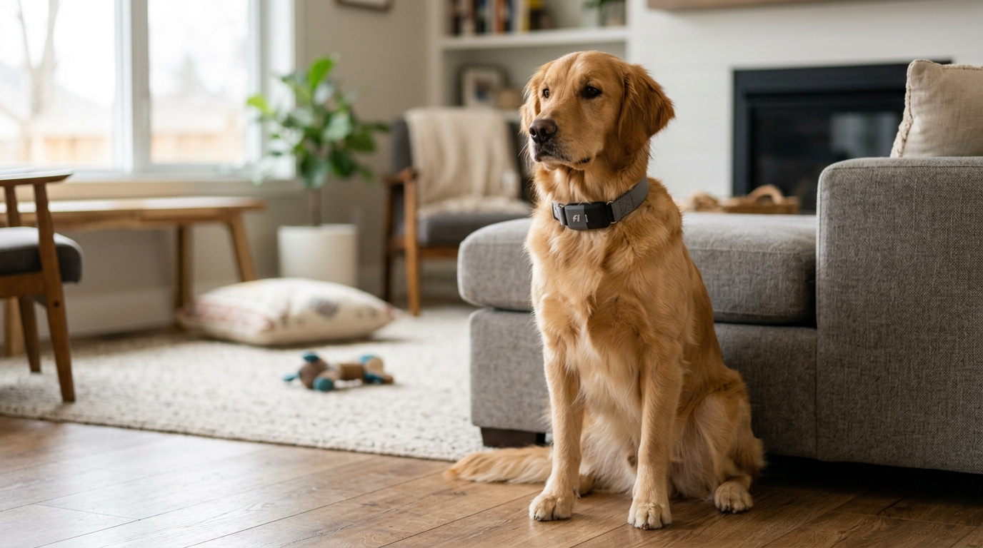 Fi Series 3 smart dog collar with activity and health tracking on a dog — original hero illustration