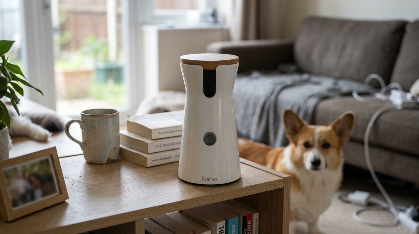a two-way-audio pet camera on a home shelf, a dog visible nearby — original hero illustration