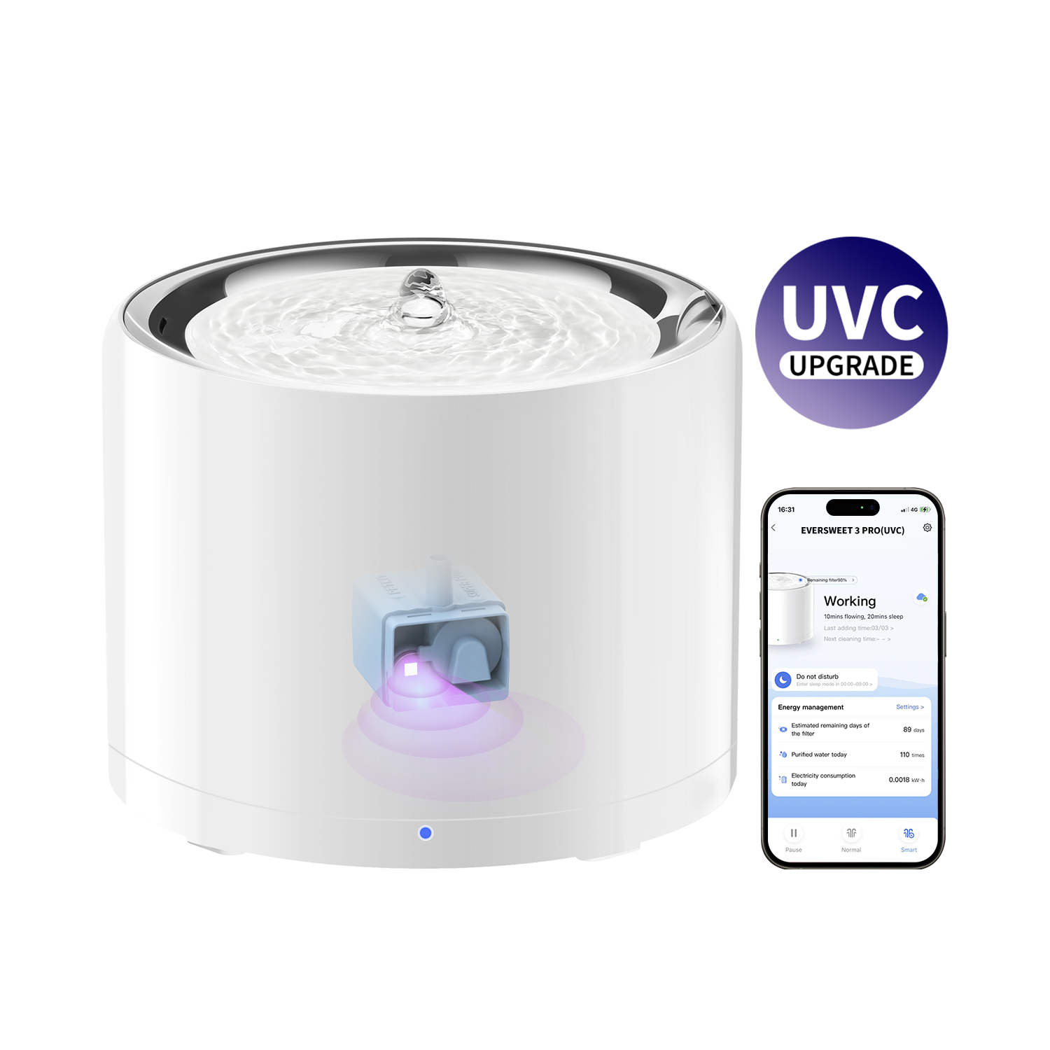 PETKIT Eversweet 3 Pro stainless steel wireless-pump UVC cat and dog water fountain, official product photo