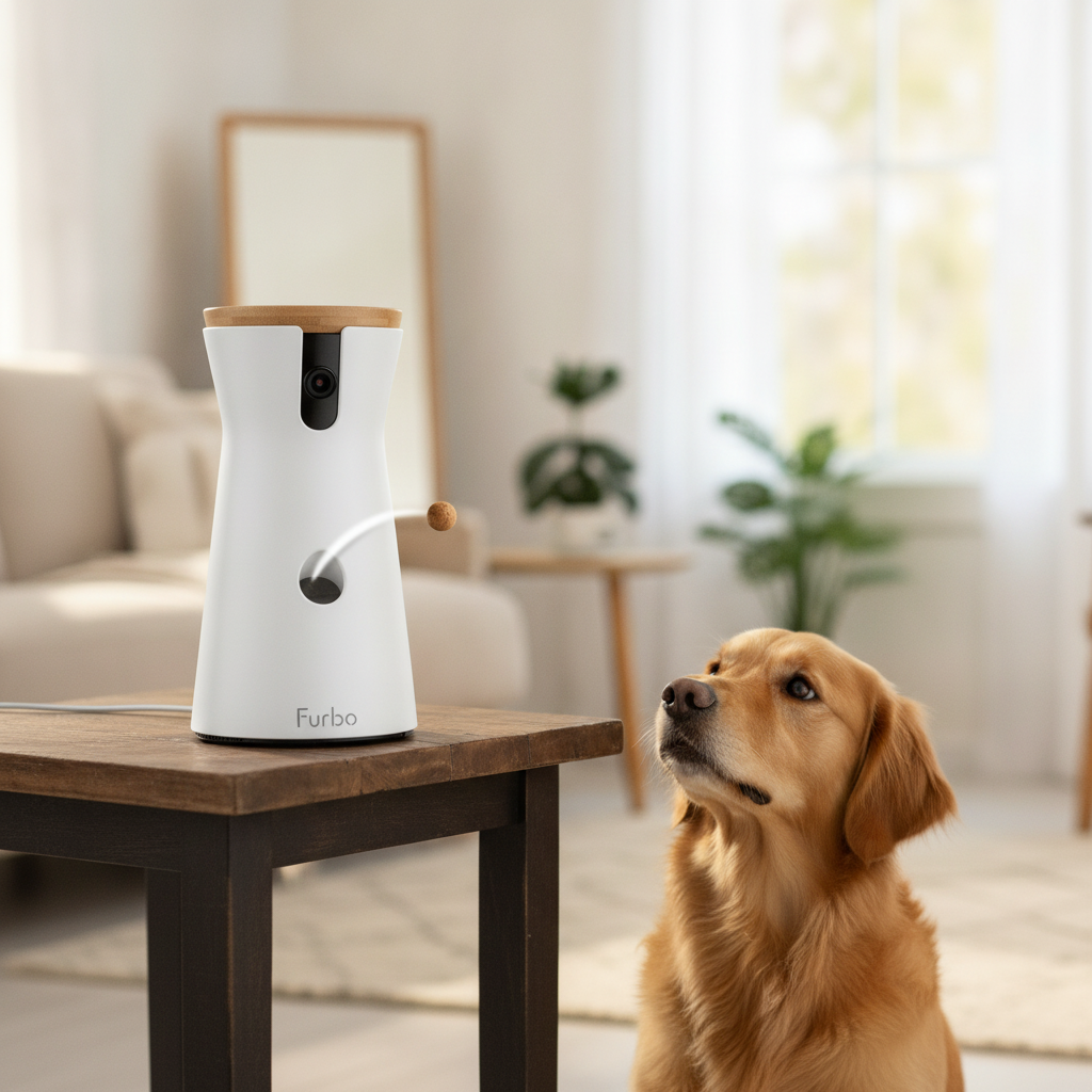 Furbo 360 dog camera treat-tossing pet camera on a side table at home — original hero illustration
