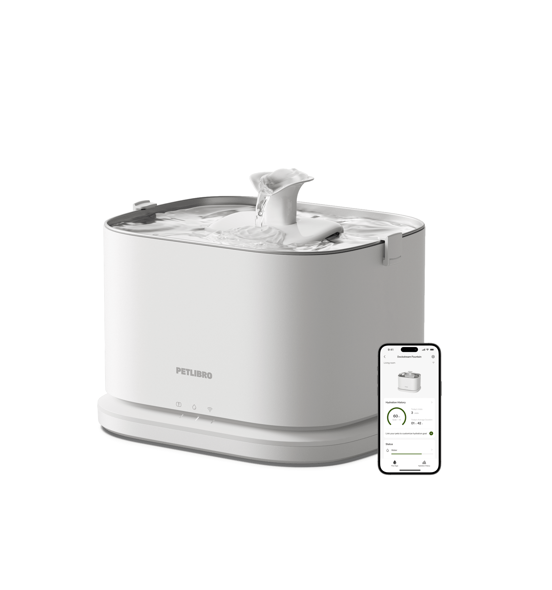 PETLIBRO Upgrade Cat Water Fountain, Cordless Cat Fountain Battery Operated, App Monitoring 3L/101oz Dockstream 2 Pet Water Fountain with Stainless Steel Tray, 5GHz WiFi Dog Water Bowl Dispenser