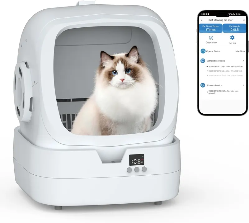 Mintakawa Automatic Cat Litter Box Self Cleaning - APP Control and Weight Monitoring - Ultra-Quiet, Suitable for Medium Cats and Kittens, Safe Anti-Pinch Litter Box (Assembly Required) - White